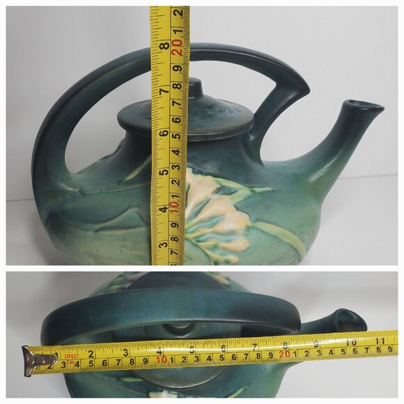 Vintage Roseville Freesia Teapot – 1940s Green Glaze Art Pottery - Picture 8 of 10